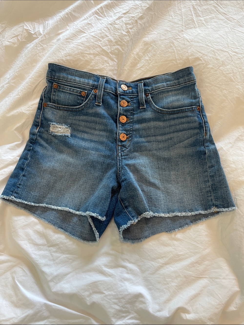 J. Crew Button-Front Distressed Denim Shorts - Blue